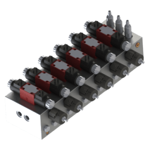 Custom Hydraulic Manifold with 6 NG06 D03 Valve interfaces, Cross Piloted PO Check Valves, Solenoid Unloading Valve and Pressure Relief, SAE ORB ports J1926-1 ISO 11926-1 MS16142